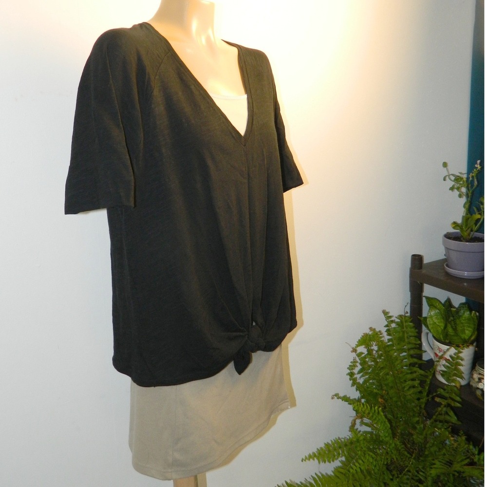 Lilla P V-Neck Top Women Large Black Front Tie Cotton Slub Cuffed Sleeve Capsule